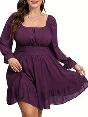  Solid Lantern Sleeve Square Neck Mini Smock Dress
