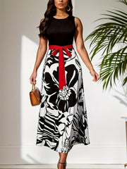 Colorblock Floral Print Tank Dress With Belt