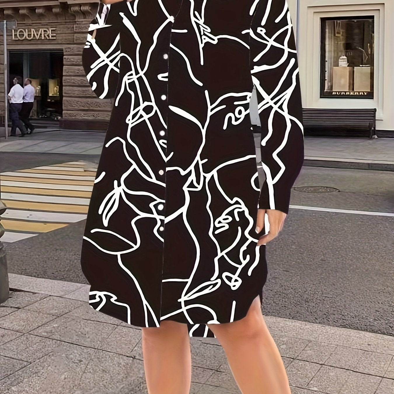 Plus Size Random Print Button Up Long Sleeve Shirt Dress