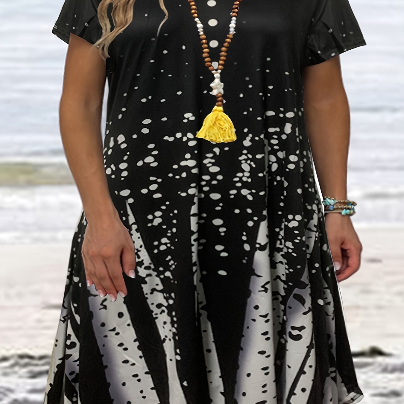  Casual Dress Women's Plus Print Round Neck Button Decor Dress