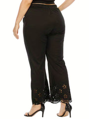  Casual Pants Women's Plus Solid Elastic Eyelet Embroidered Trim Pants