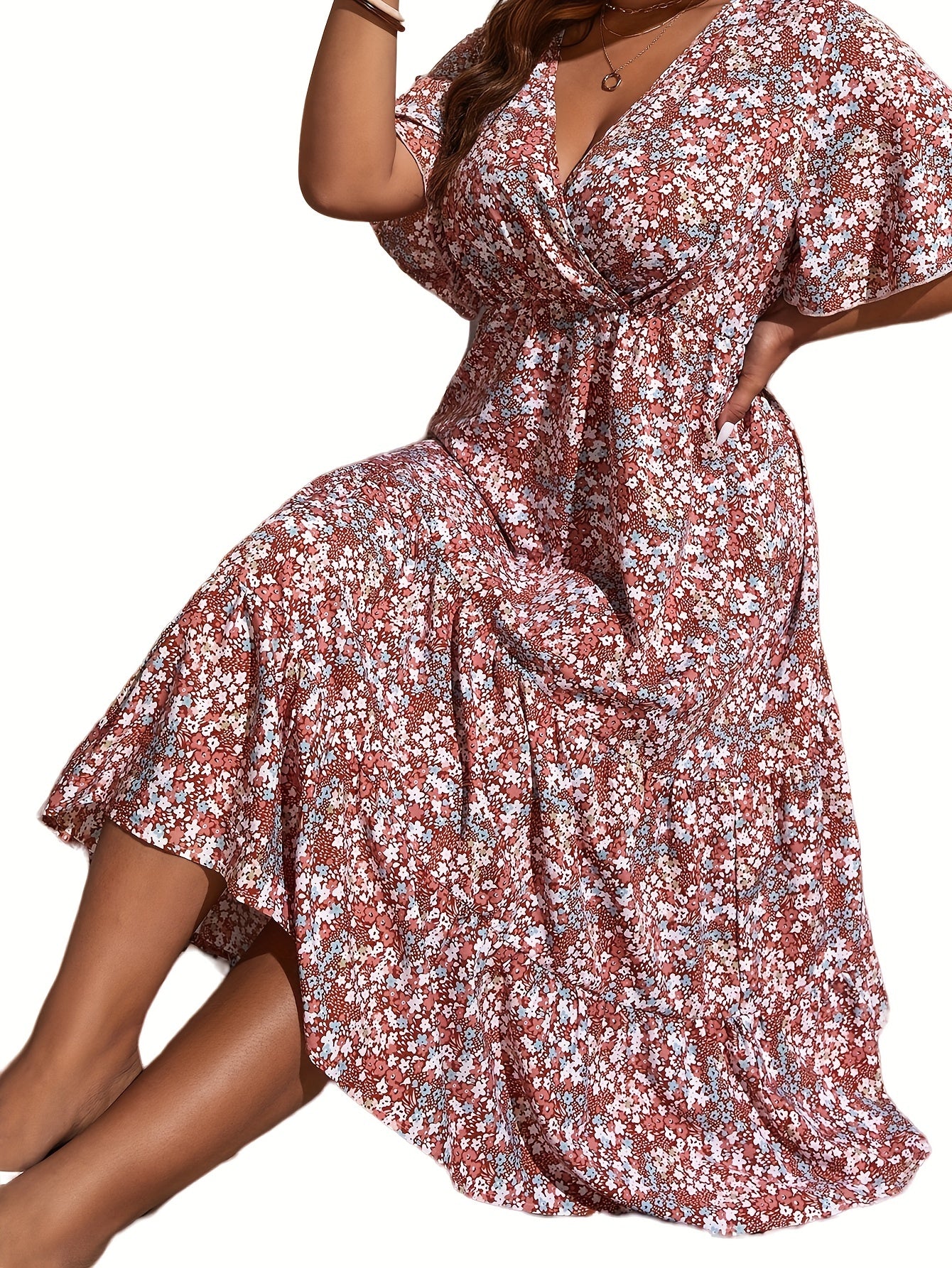  Ditsy Floral Print Ruffle Sleeve Dress