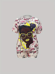  Cartoon Print Round Neck Top & Shorts Set