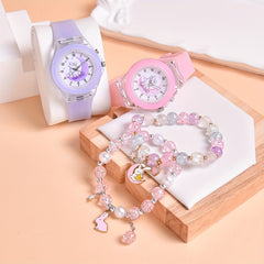 Girls' Rabbit Moon Quartz Watch with LED Glowing, Stretch Bracelet