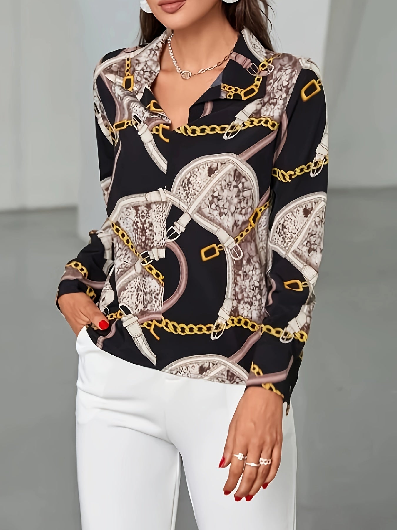  Casual Blouse Women's Plus Chain & Snakeskin Print Long Sleeve
