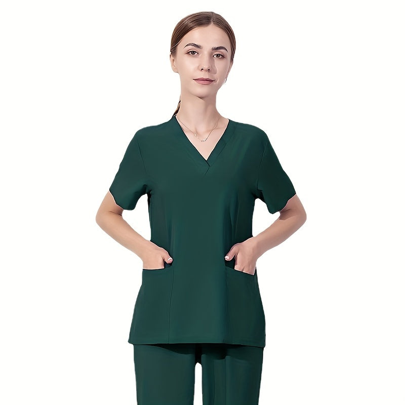 Zipper Pocket Front Scrub Tops Short Sleeve Work Tops For Nurse Women