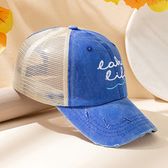 Ponytail Baseball Cap Embroidery Mesh Trucker Hat Women Distressed Dad Hat