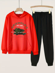 Cartoon Tree Farm Graphic Hoodies & Jogger Pants Set For Girls