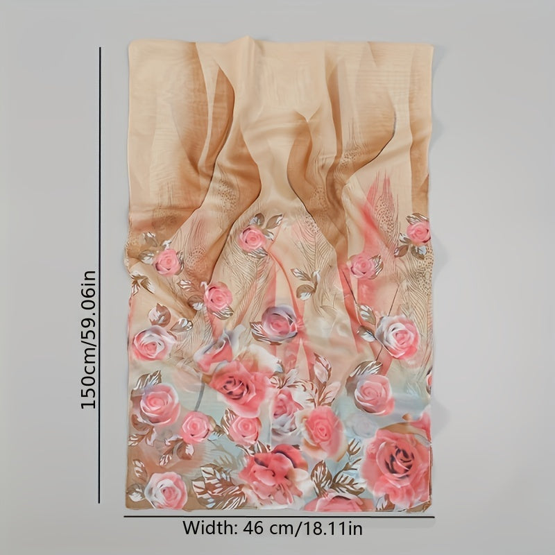 Rose Print Chiffon Scarf Thin Silk Wrap Hijab Sunscreen Shawl