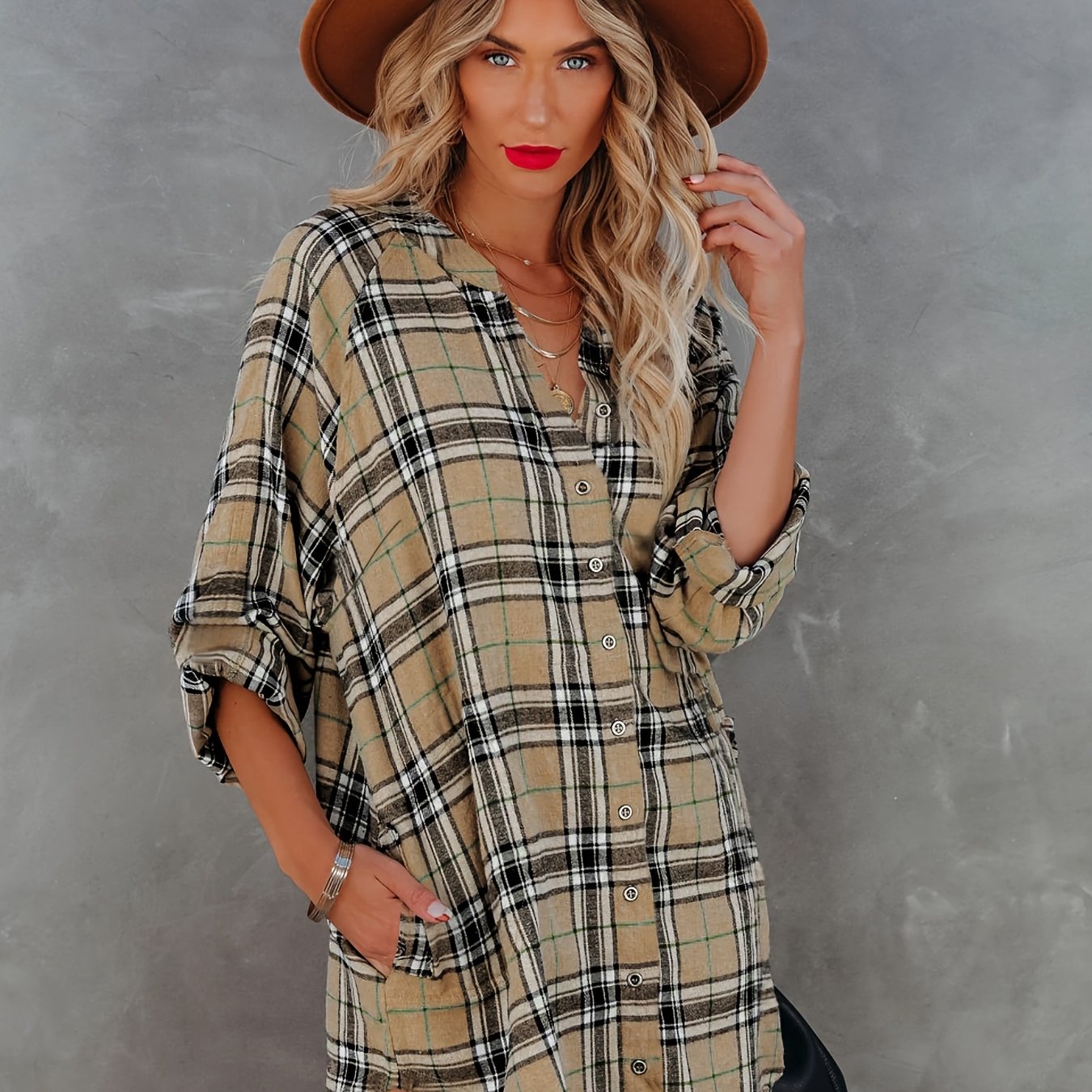  Plaid Print Long Sleeve Mini Shirt Dress