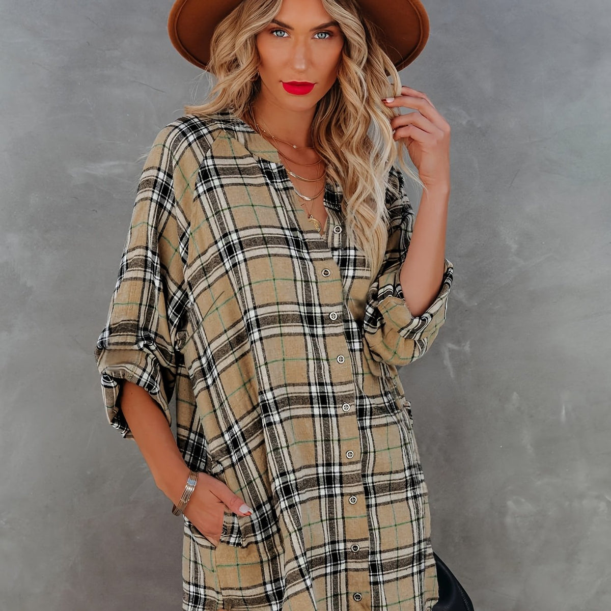  Plaid Print Long Sleeve Mini Shirt Dress
