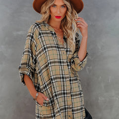  Plaid Print Long Sleeve Mini Shirt Dress