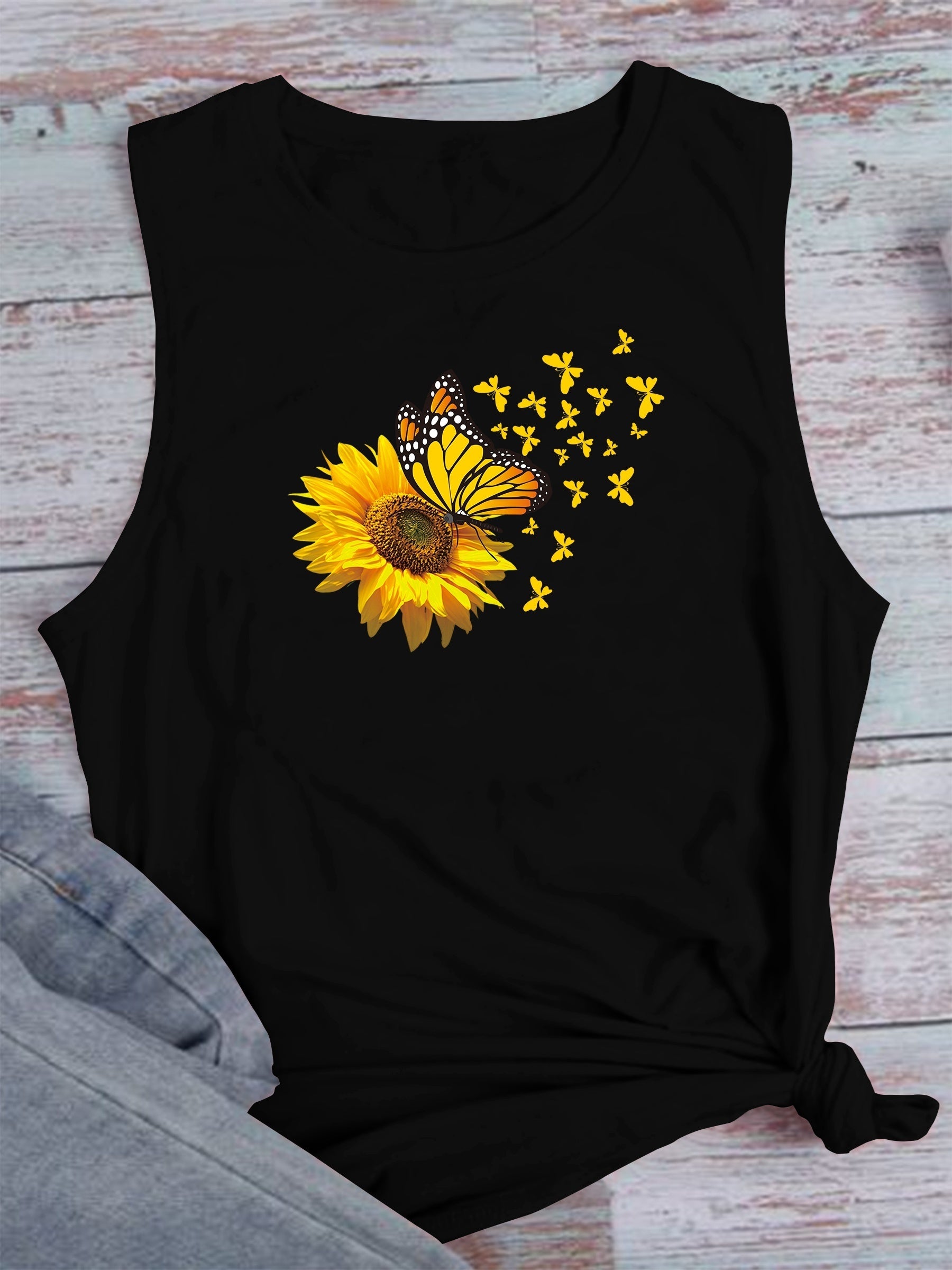 Sunflower & Butterfly Tank Top Sleeveless Crew Neck Casual Top