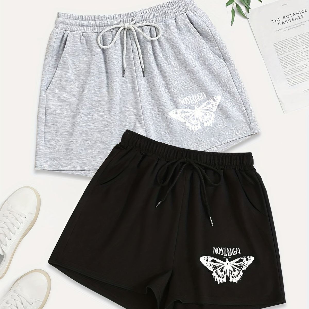 2 Pack Plus Size Sporty Shorts Set Women's Plus Butterfly & Letter Print