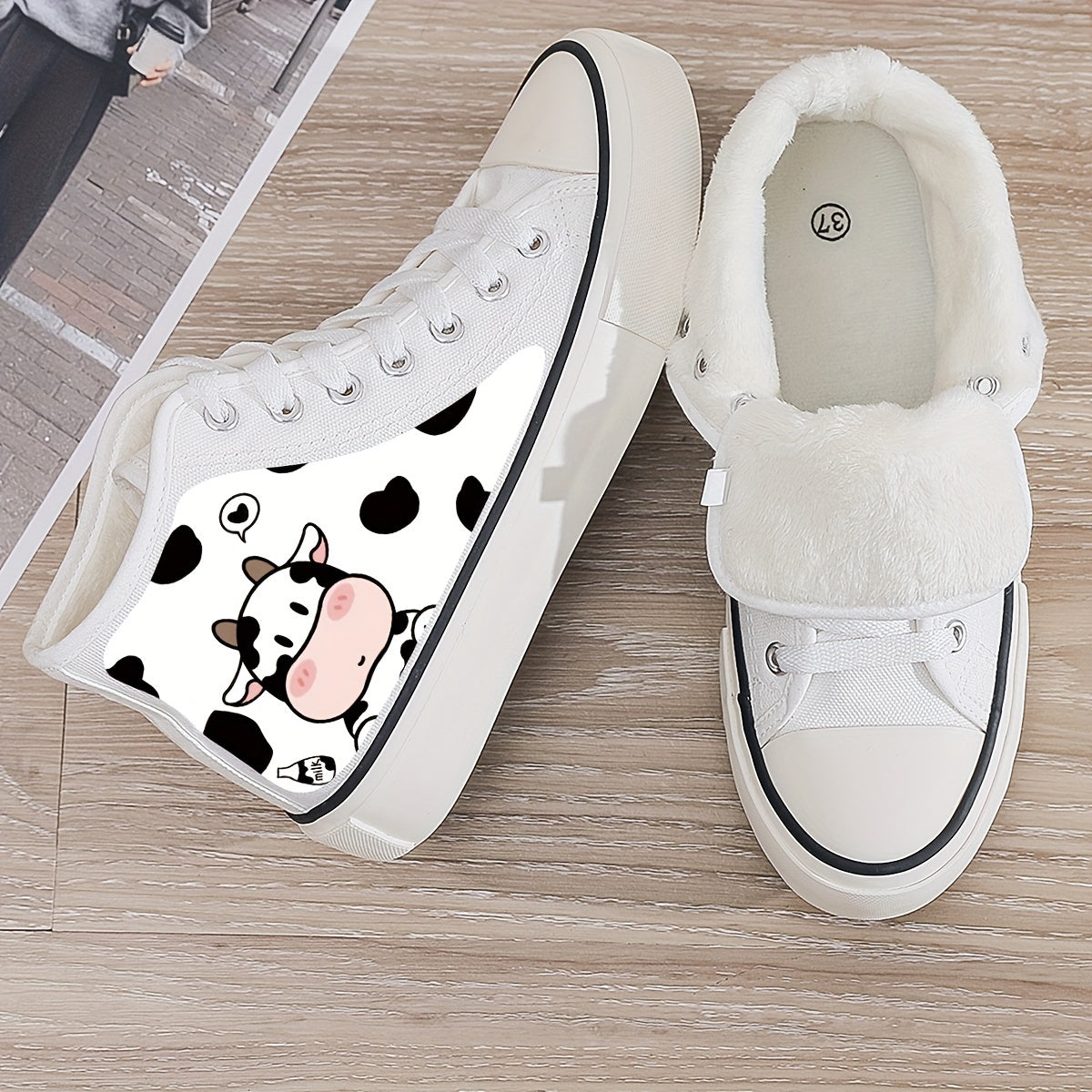 Girl's Cartoon Cow High Top Skate Shoes Warm Plush Lining Non Slip Sneakers
