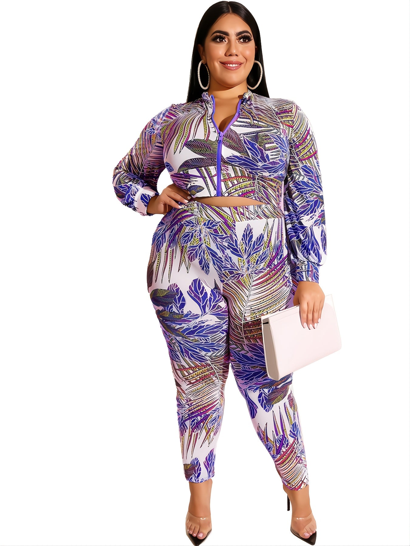  Tropical Print Zipper Front Jacket & Legging Set