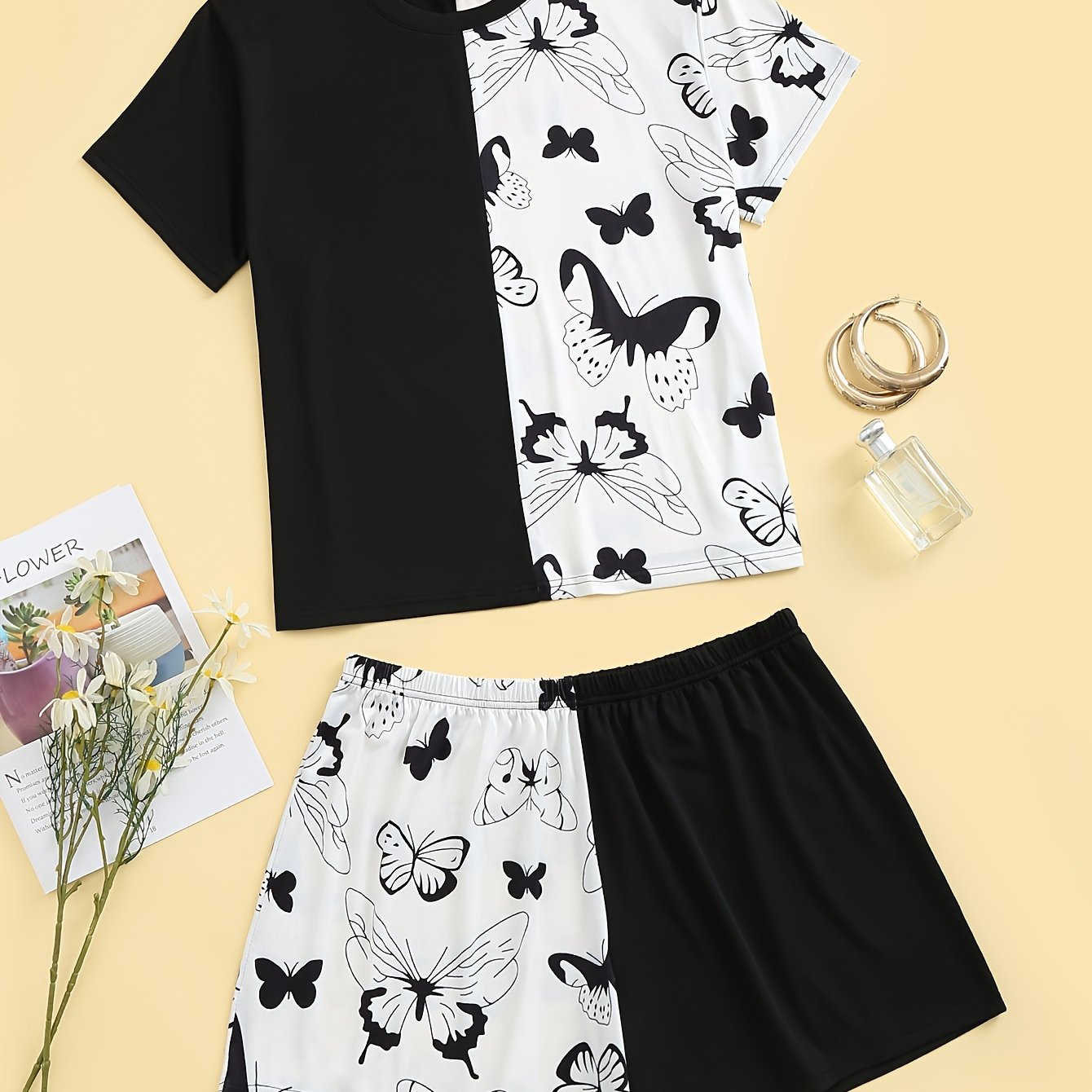  Colorblock Butterfly Print Tee & Shorts Set