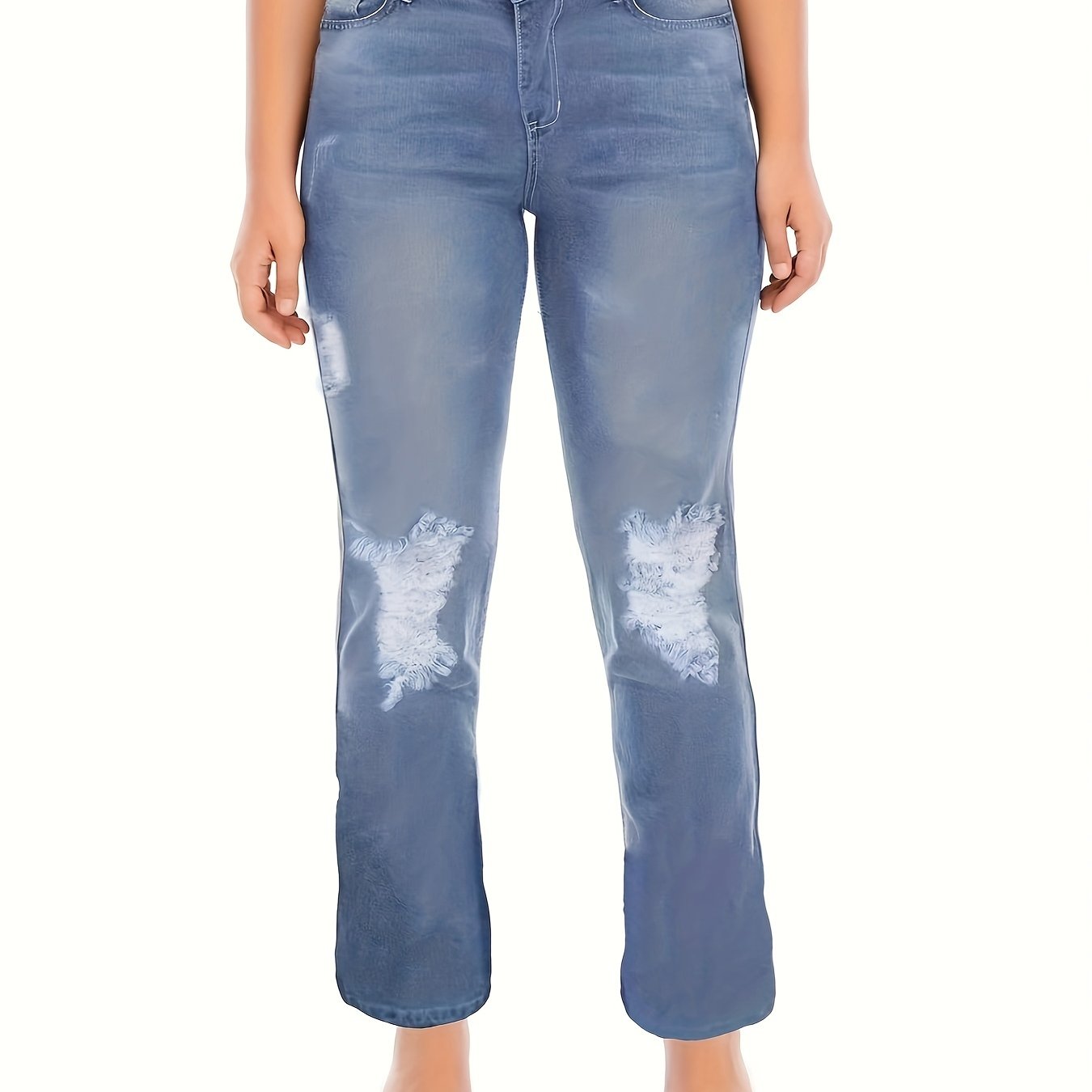  Solid Ripped High Rise Straight Leg Jeans