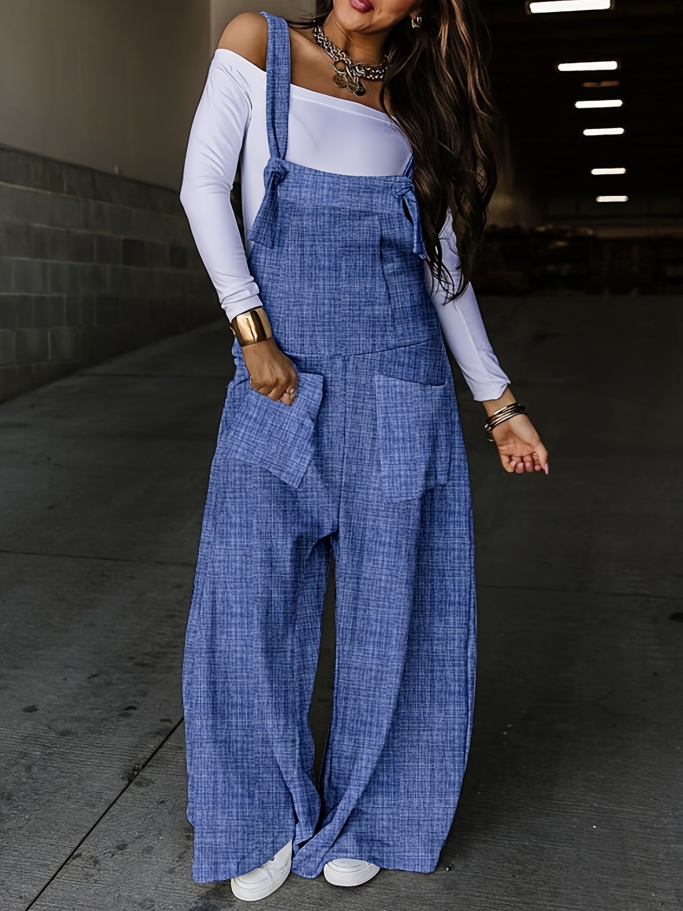 Plus Denim Print Square Neck Wide Leg Jumpsuit