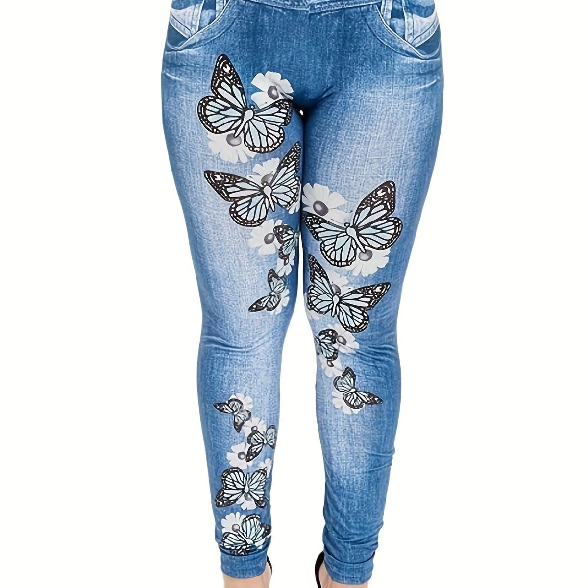  Denim & Butterfly Print Skinny Leggings