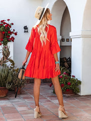 V Neck Flare Sleeve Ruffled Mini Dress