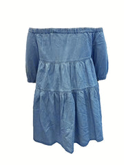  Smock Denim Dress Women Off Shoulder Bubble Sleeve
