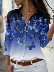  Butterfly & Ombre Print Long Sleeve Button Up Blouse