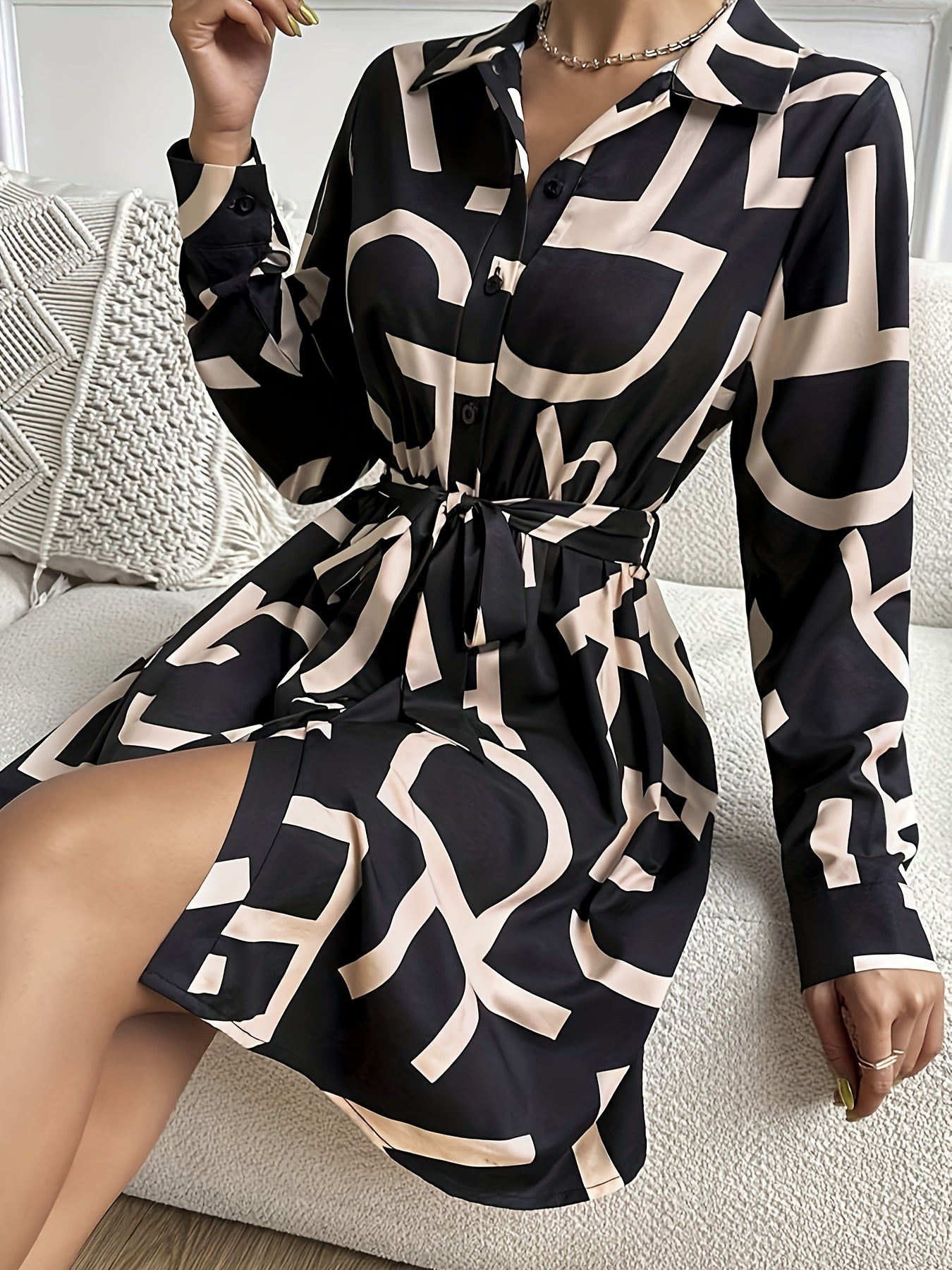  Women's Shirt Dress Letter Print Button Up Long Sleeve