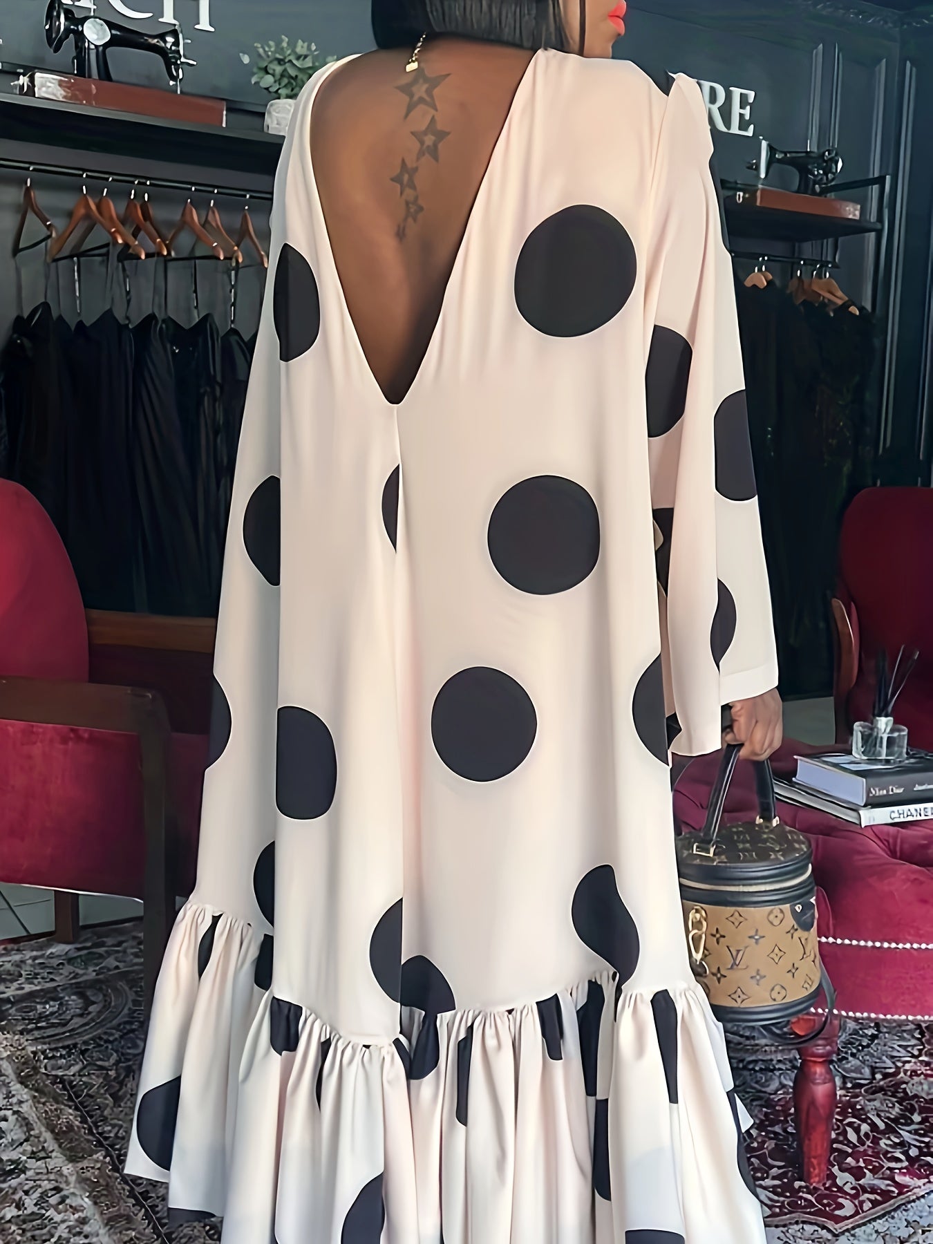  Polka Dot Print Long Sleeve Smock Dress