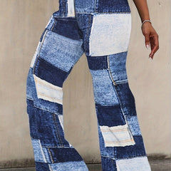  Denim Print Flared Leg High Waist Trousers