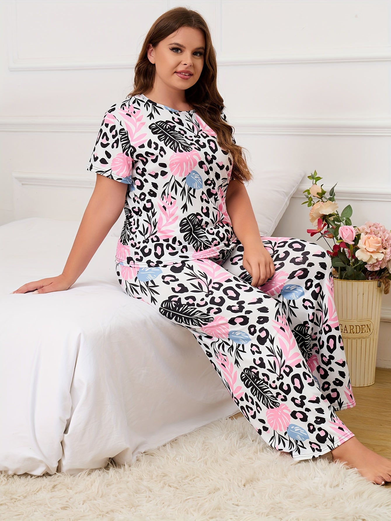  Leopard & Tropical Print Pajama Set Short Sleeve T shirt & Pants