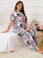  Leopard & Tropical Print Pajama Set Short Sleeve T shirt & Pants