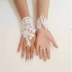 Floral Lace Fingerless Bridal Gloves with Flowers and Bow Accents
