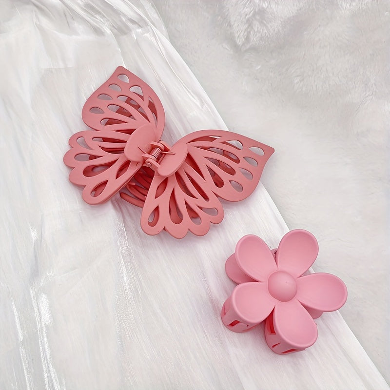 2pcs Frosted Hair Claw Matte Butterfly Flower Plastic Combination