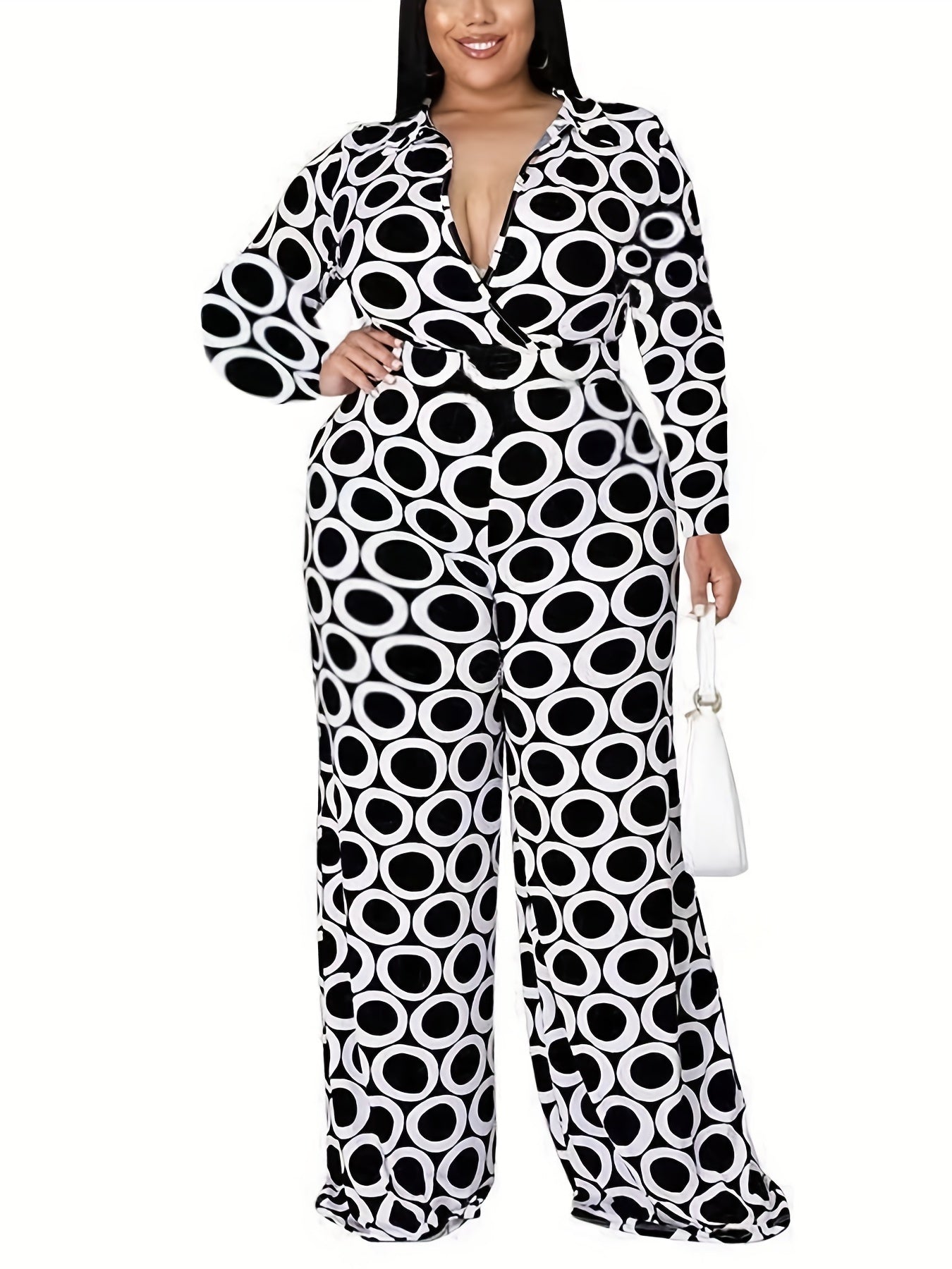  Geo Print Long Sleeve Wide Leg Jumpsuit