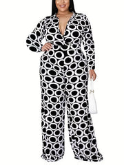  Geo Print Long Sleeve Wide Leg Jumpsuit