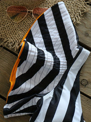 Stripes Print Tie Belt High Waist 2 piece Set Bikini Ruffle V Neck Swimsuit