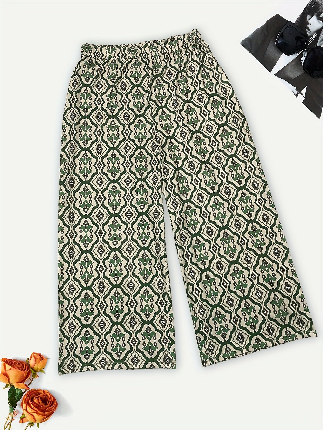 Floral Print Wide Leg Boho Pants with Pockets