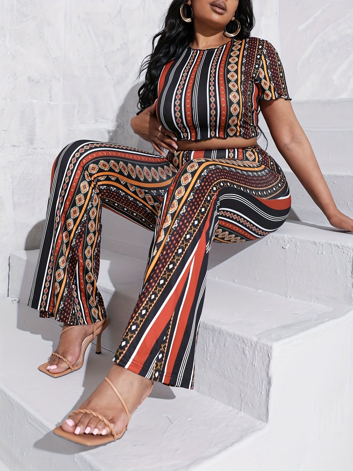  Boho Outfits Set Women's Plus Tribal Print Crop Top & Wide Leg Pants