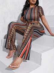  Boho Outfits Set Women's Plus Tribal Print Crop Top & Wide Leg Pants