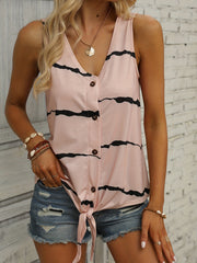 Striped Print Tank Top V Neck Sleeveless Button Front Knot Summer Tank Top