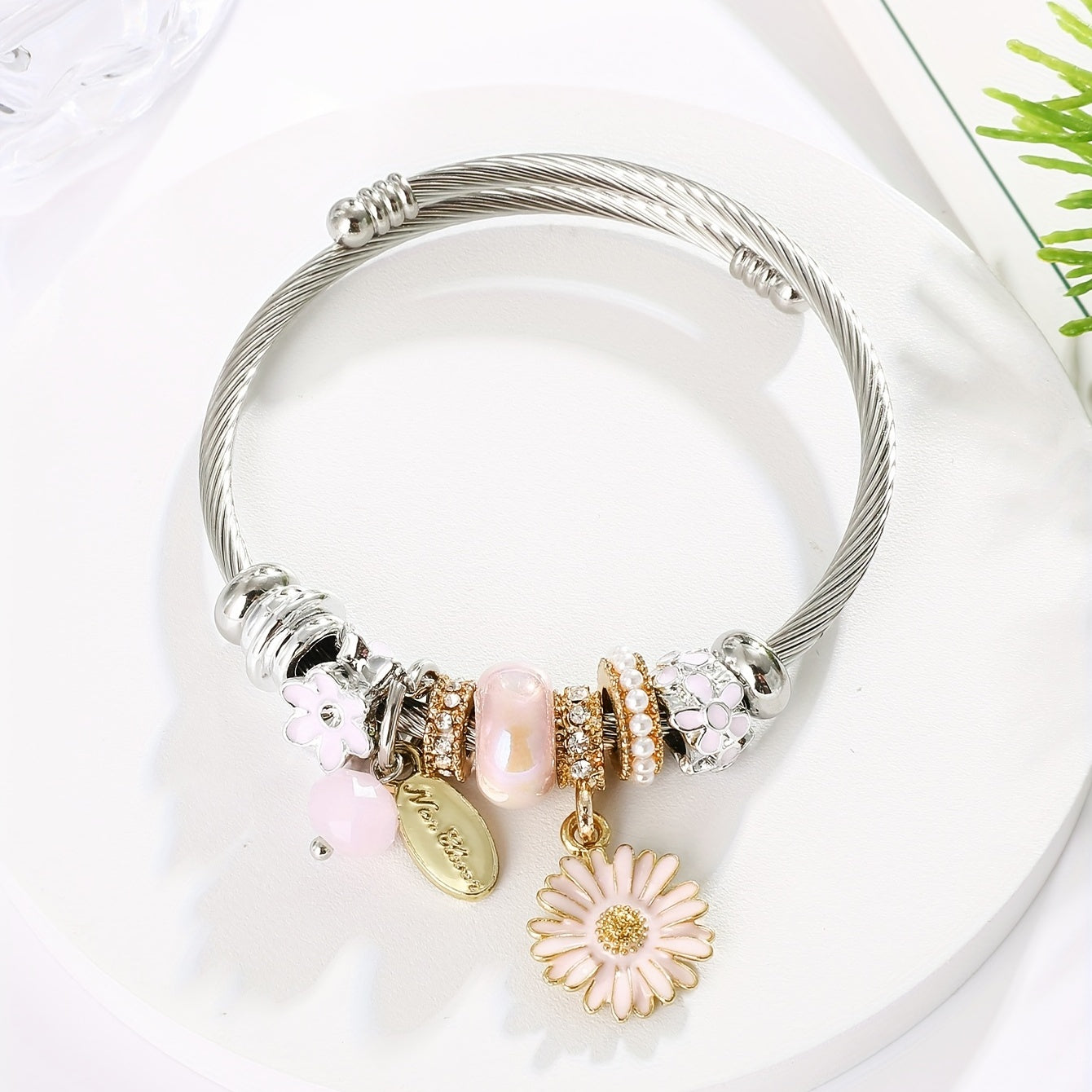 Small Daisy Charm Beaded Bangle Bracelet for Girls