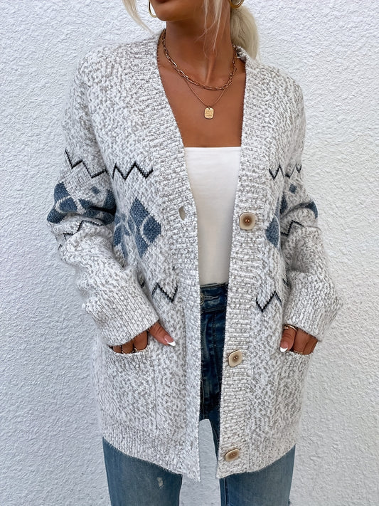  Geo Print Button Up Cardigan with Pockets