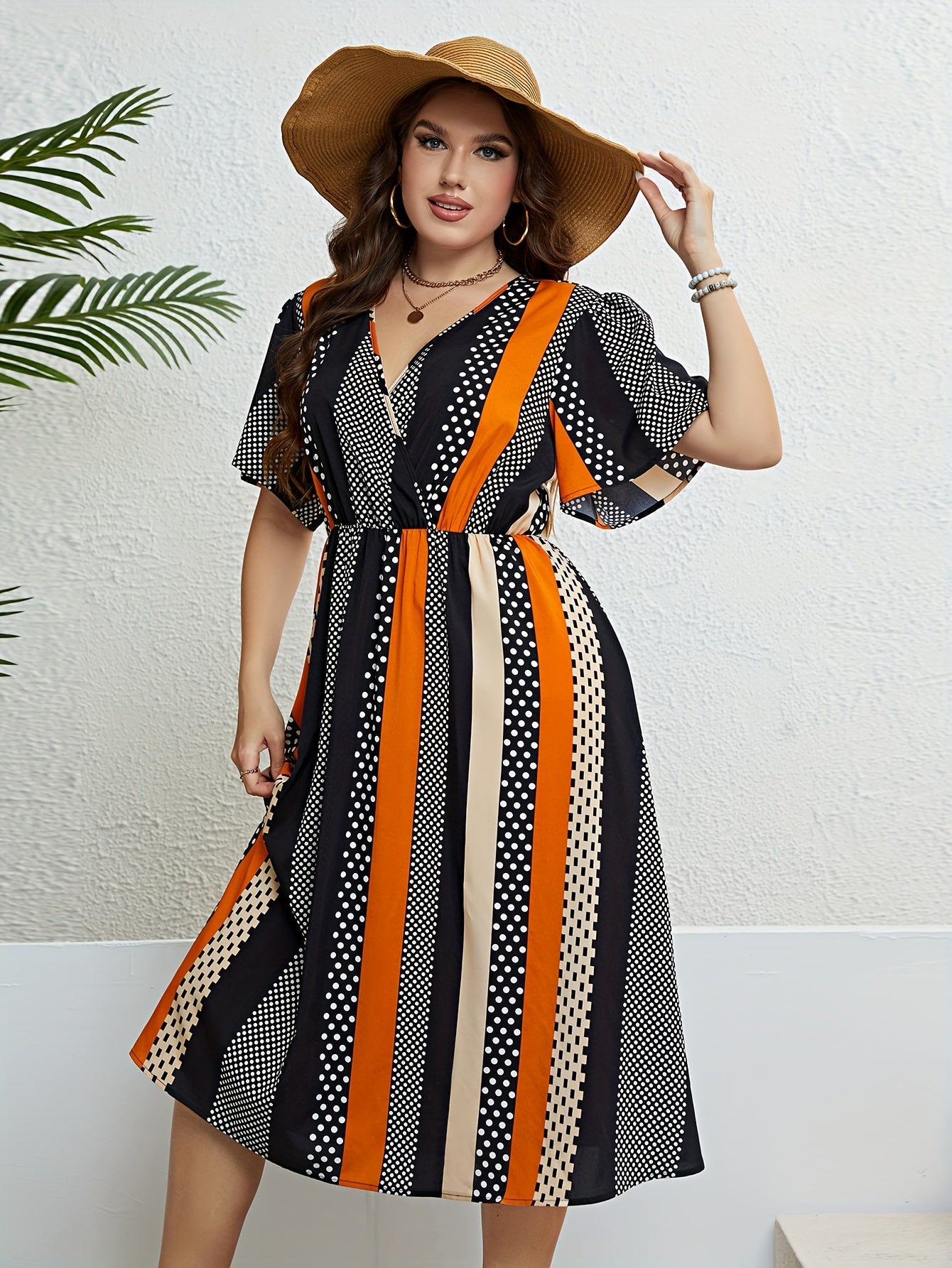  Colorblock Polka Dot Surplice Neck Midi Dress