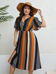  Colorblock Polka Dot Surplice Neck Midi Dress