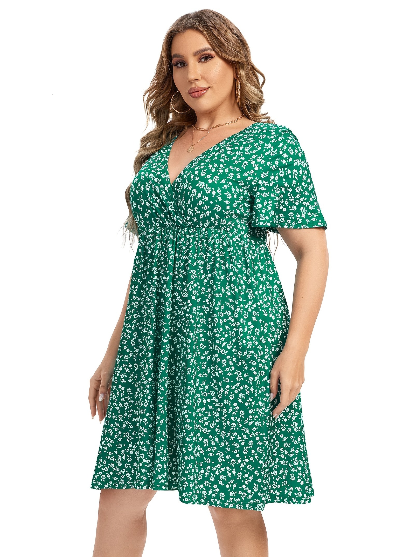  Floral Print Short Sleeve V Neck Dress With Pockets