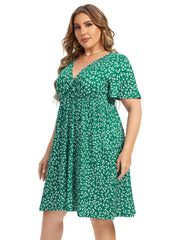  Floral Print Short Sleeve V Neck Dress With Pockets