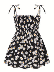 Girls Lace Up Daisy Flowers Print Shirred Cami Dress