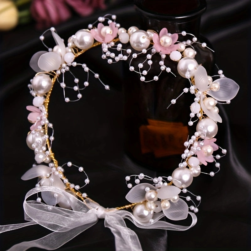 Faux Pearl Flower Headband Bridal Headdress Wedding Crown Wreath