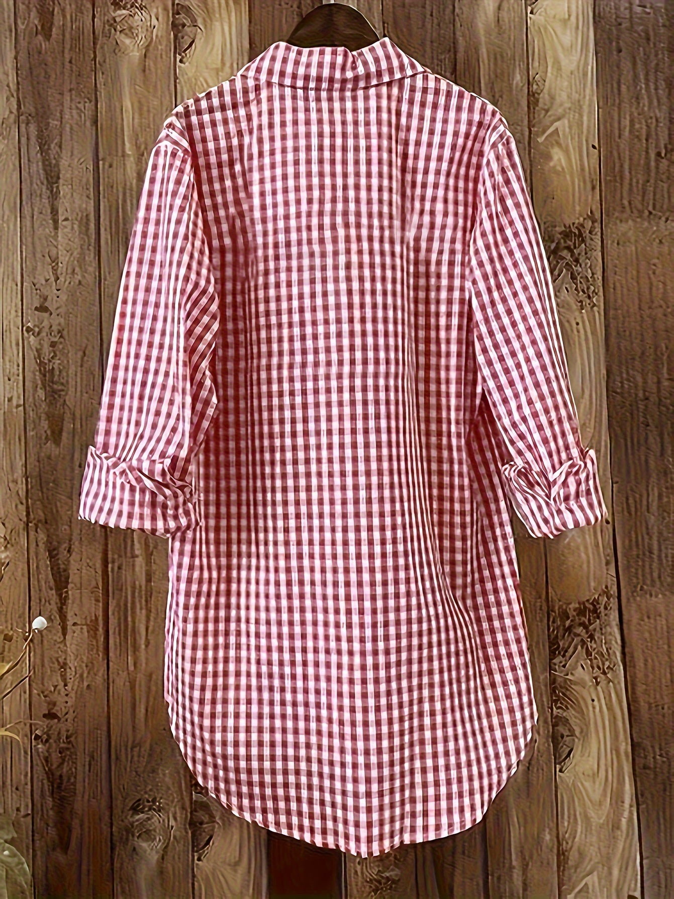  Gingham Print Button Up Long Sleeve Blouse